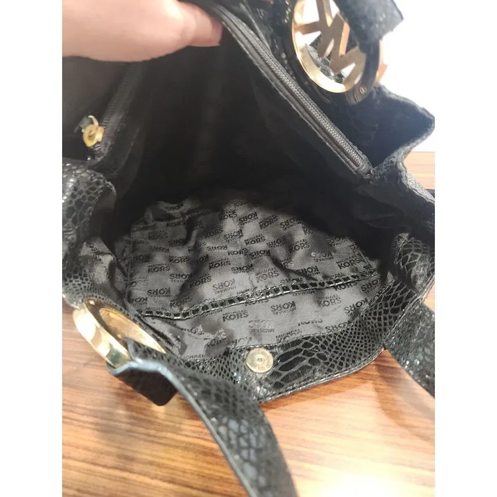 Michael Kors Medium Printed Snakeskin Leather Bag‎ Black